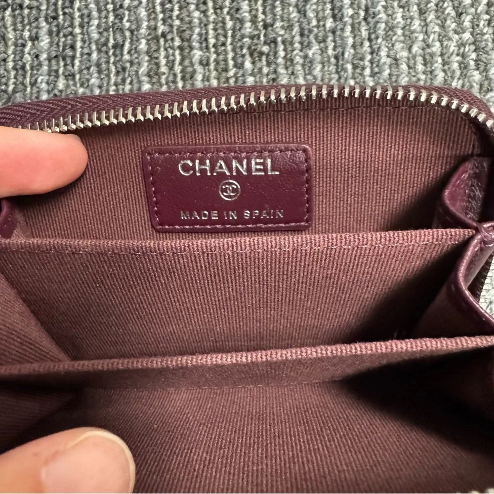 Chanel Dark Burgundy Quilted Wallet Coin Purse with Zip around  CC logo